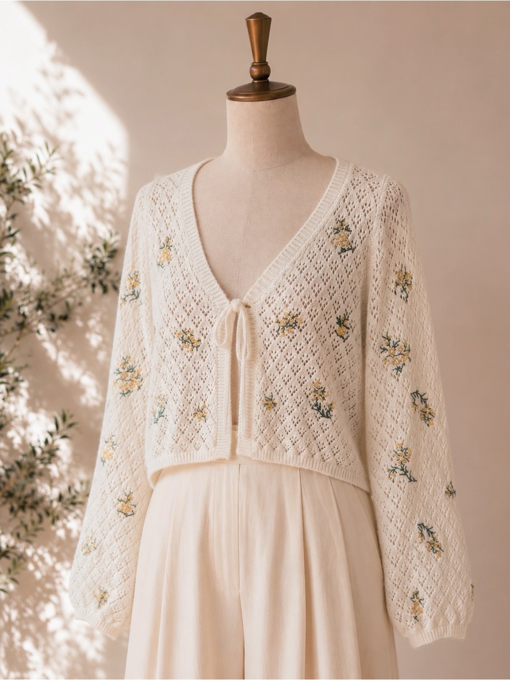 Sincerely Jules Cream V-Neck Floral Tie-Front Knit Cardigan